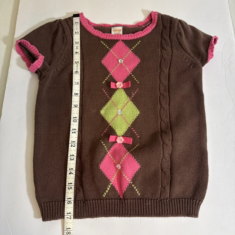 Vintage Gymboree Girl's Gem Bow Argyle Short Sleeve‎ Sweater Equestrian Size 5-6